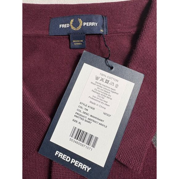 Fred Perry Abstract Argyle Knitted Polo Shirt Men's Size XL Mahogany NWT Cotton - Picture 5 of 7
